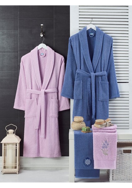 Lavanta Lacivert Havlulu Bornoz 4lü Set