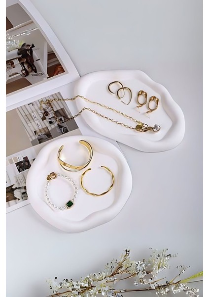 Beyaz Sunumluk Takı Tabağı Dekoratif Tepsi Obje Seti 2 Parça Model 1005