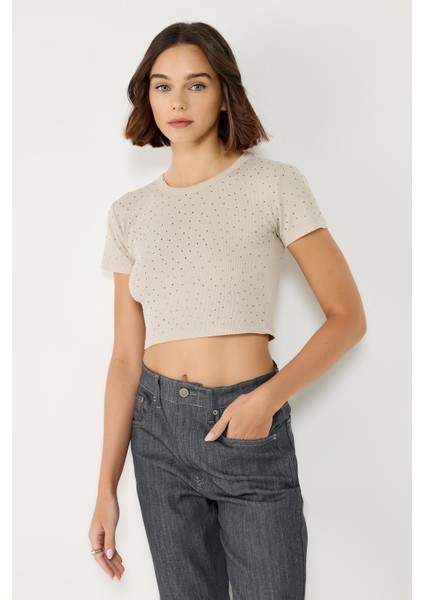 Fitilli Kumaş Önü Full Taş Kaplamalı Crop