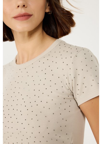 Fitilli Kumaş Önü Full Taş Kaplamalı Crop