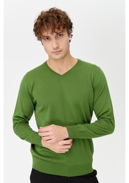 Erkek Basic V Yaka Ince Triko Kazak K.yosun