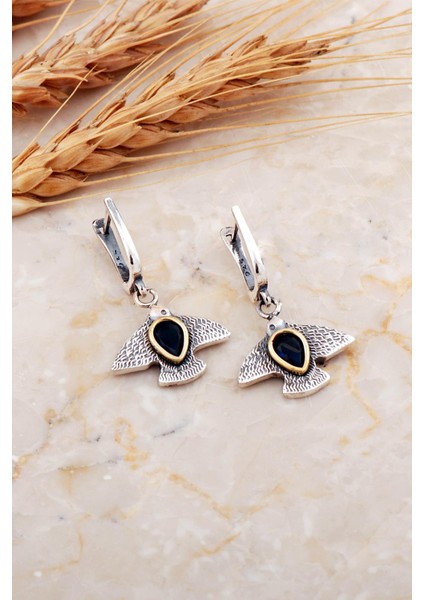 Safir Taşlı Martı Çekiç Dövme Elişi Gümüş Küpe 7219