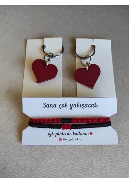 2'li Sevgililer Günü Hediye Bileklik Seti Kırmızı Siyah, Kalp Anahtarlık Dilek Şans Sevgiliye Hediye Bilekliği