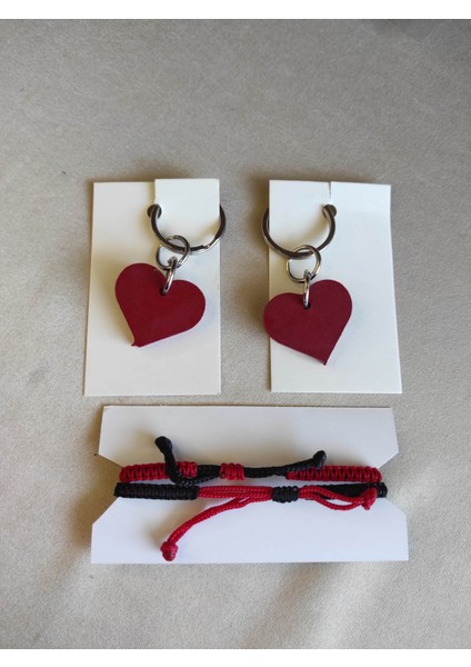 2'li Sevgililer Günü Hediye Bileklik Seti Kırmızı Siyah, Kalp Anahtarlık Dilek Şans Sevgiliye Hediye Bilekliği modelleri