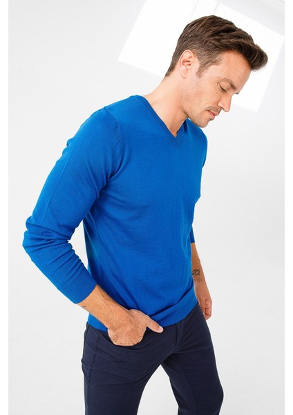 Erkek Basic V Yaka Ince Triko Kazak S.mavi indirimleri