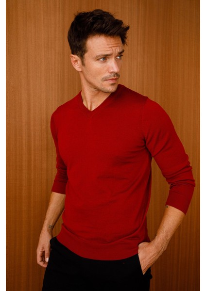 Erkek Basic V Yaka Ince Triko Kazak Koyu Kırmızı indirimleri
