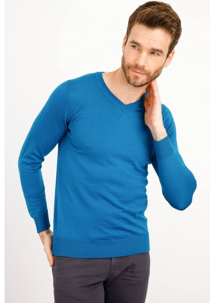 Erkek Basic V Yaka Ince Triko Kazak A.petrol fırsatları