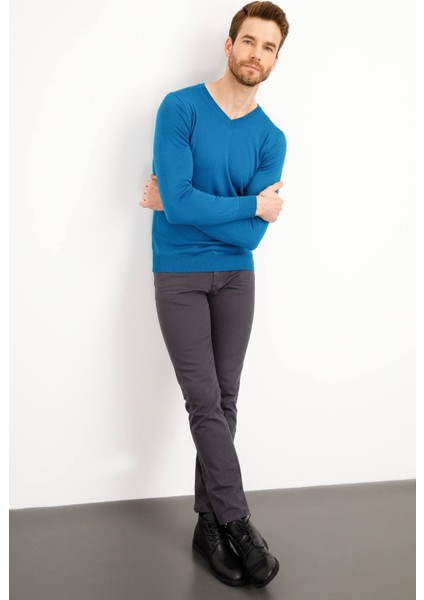 Erkek Basic V Yaka Ince Triko Kazak A.petrol indirimleri