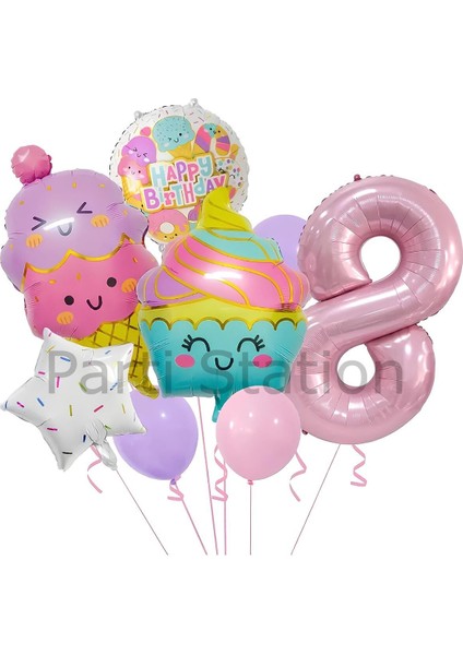 Cupcake Dondurma 8 Yaş Balon Set Şeker Dondurma Candy Balon Ice Cream Konsept Doğum Günü Balon Set