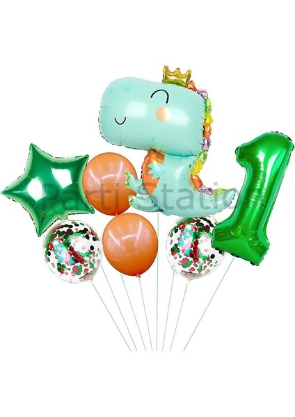 Sevimli Dinozor Konsept Yeşil 1 Yaş Balon Set Jurassic Dinozor Tema Doğum Günü Folyo Balon Set
