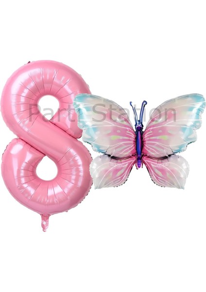 Pembe Kelebek ve Pembe Rakam Balon 8 Yaş Balon Set Kelebek Konsept Doğum Günü Folyo Balon Set