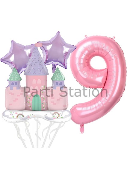 Prenses Konsept 9 Yaş Pembe Renk Rakam Balon Set Prenses Evi Şato Balon Konsept Doğum Günü Balon Set