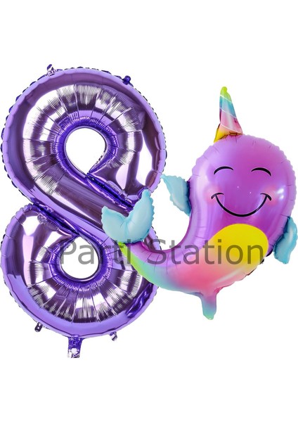 Unicorn Balina Balon 8 Yaş Set Okyanus Konsept Unicorn Yunus Balığı ve Mor Rakam Balon Set