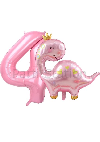 Pembe Dinozor 4 Yaş Pembe Renk Rakam Balon Set Sevimli Pembe Dinozor Konsept Doğum Günü Balon Set