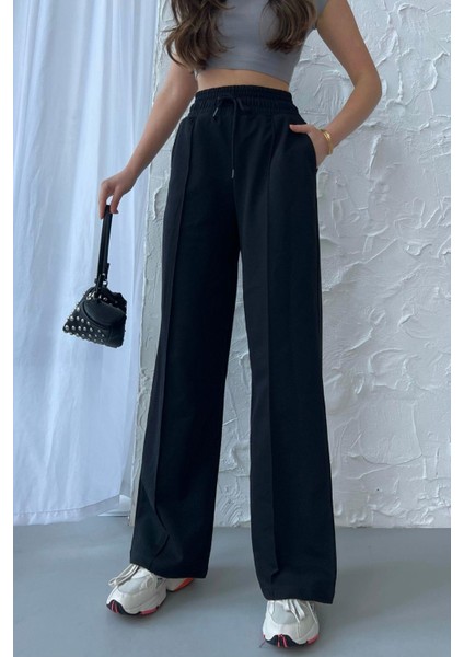 Kadın Mevsimlik Salaş Geniş Paça Yüksek Bel Siyah Eşofman Altı