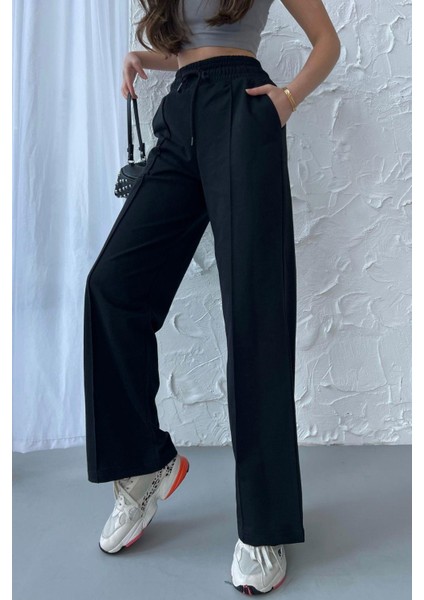 Kadın Mevsimlik Salaş Geniş Paça Yüksek Bel Siyah Eşofman Altı fiyatları