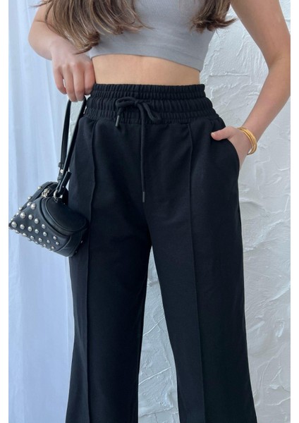 Kadın Mevsimlik Salaş Geniş Paça Yüksek Bel Siyah Eşofman Altı modelleri