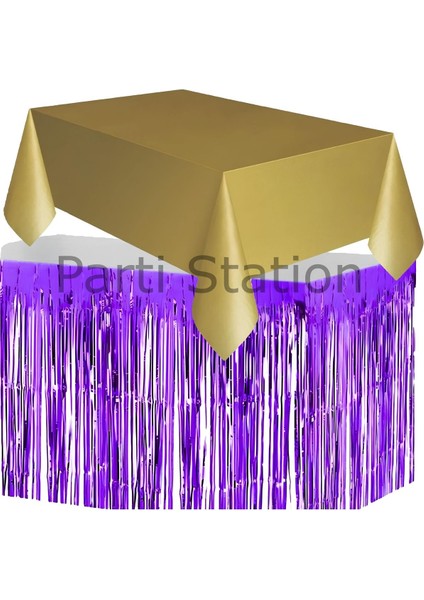 Masa Örtüsü ve Masa Eteği Set Plastik Gold Altın Renk Masa Örtüsü Mor Renk Metalize Masa Eteği Set