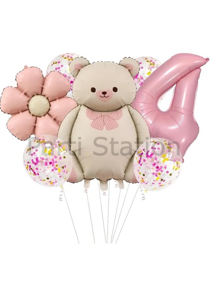Sevimli Ayıcık 4 Yaş Balon Set Retro Pembe Ayıcık Konsept Doğum Günü Set