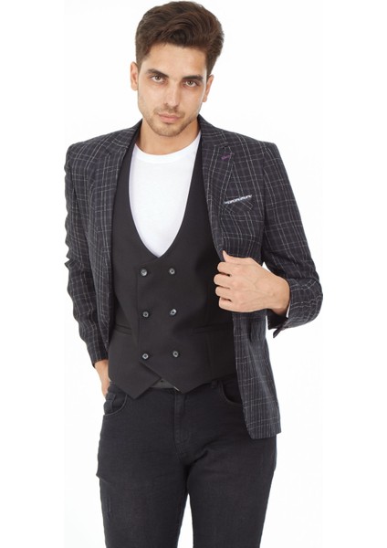 5140 Yelekli Dar Kalıp Gri Ekose Erkek Blazer Ceket