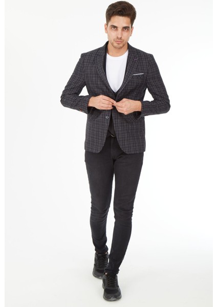 5140 Yelekli Dar Kalıp Gri Ekose Erkek Blazer Ceket fiyatları