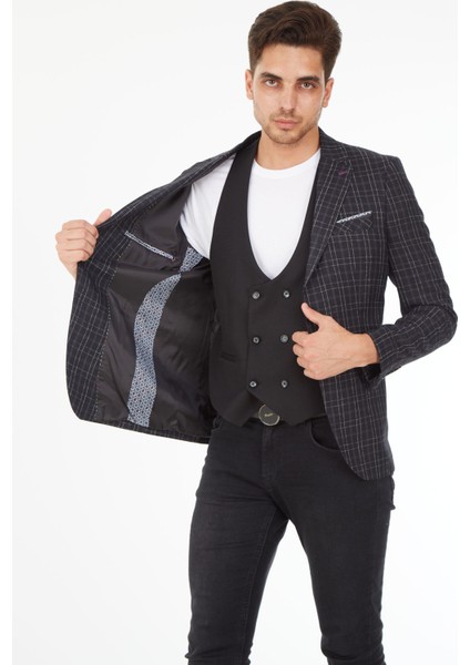 5140 Yelekli Dar Kalıp Gri Ekose Erkek Blazer Ceket modelleri