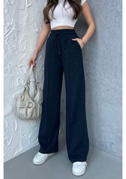 Kadın Mevsimlik Salaş Geniş Paça Yüksek Bel Lacivert Eşofman Altı