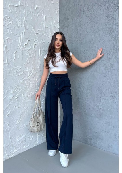 Kadın Mevsimlik Salaş Geniş Paça Yüksek Bel Lacivert Eşofman Altı fırsatları