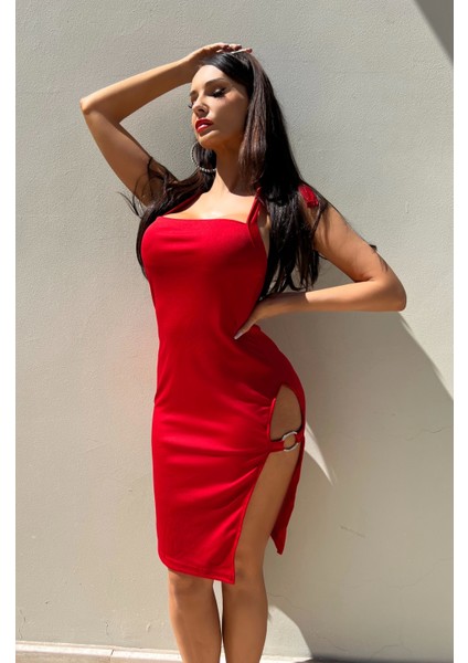 Kadın Kırmızı Yırtmaçlı Halkalı Elbise modelleri