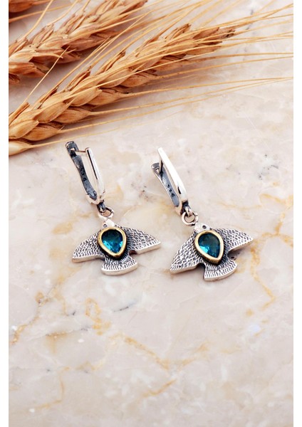 Akuamarin Taşlı Martı Çekiç Dövme Elişi Gümüş Küpe 7223