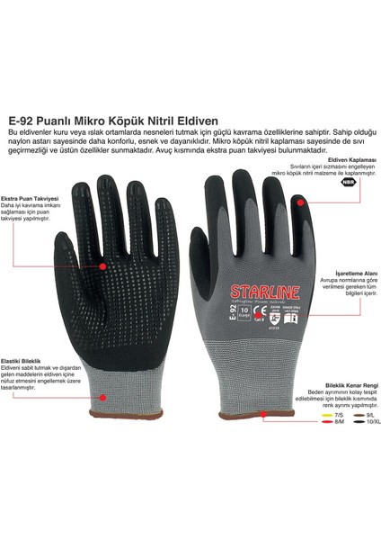 E-92 Puanlı Mikro Köpük Nitril Eldiven Montaj Eldiveni No.10/extralarge - 12 Adet