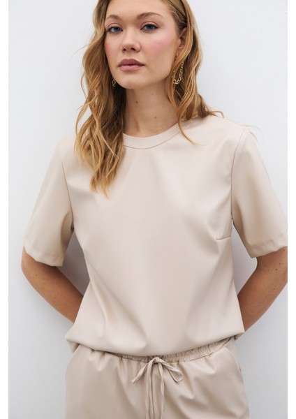 Kısa Kol Deri Bluz - Taş