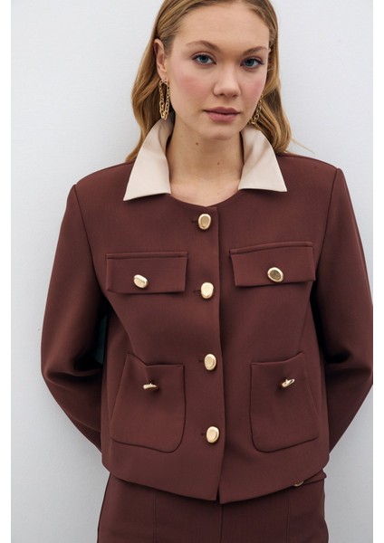 Düğmeli Kısa Ceket - Kahve