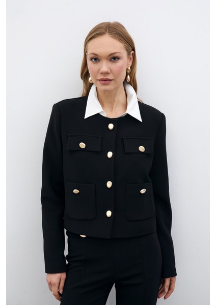 Düğmeli Kısa Ceket - Siyah modelleri