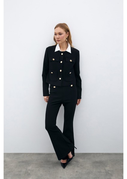 Düğmeli Kısa Ceket - Siyah fırsatları