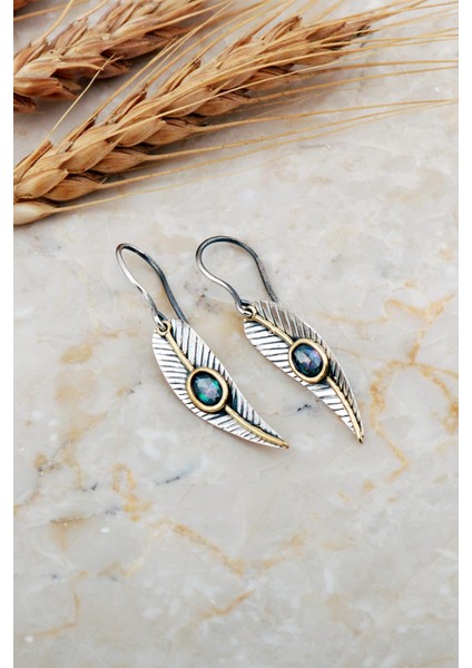 Mistik Topaz Taşlı Defne Yaprağı Elişi Gümüş Küpe 7230