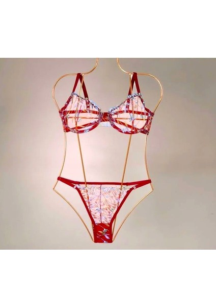 Çiçek Desenli Brode Bralet Alt Üst Takım - Güpürlü Tül Sütyen ve Külot Takım - Iç Çamaşırı Takımı Hediye