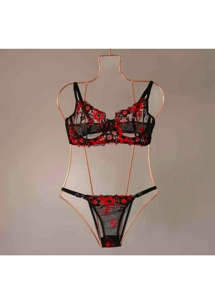 Çiçek Desenli Brode Bralet Alt Üst Takım - Güpürlü Tül Sütyen ve Külot Takım - Iç Çamaşırı Takımı Hediye