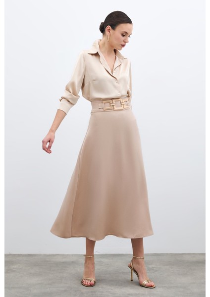 Bel Aksesuarlı Saten Krep Etek - Bej