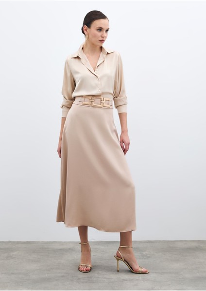 Bel Aksesuarlı Saten Krep Etek - Bej fiyatları