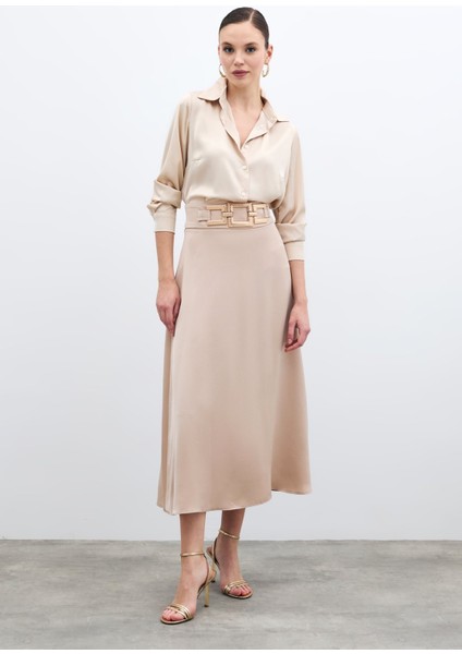 Bel Aksesuarlı Saten Krep Etek - Bej modelleri