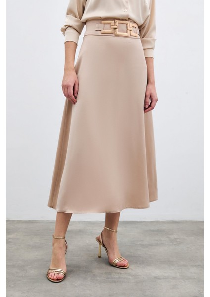 Bel Aksesuarlı Saten Krep Etek - Bej fırsatları