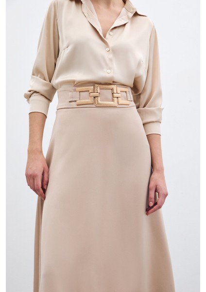 Bel Aksesuarlı Saten Krep Etek - Bej indirimleri