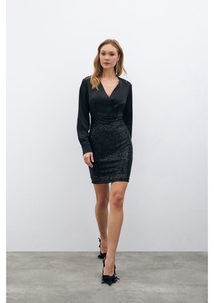 Payet Detaylı Saten Elbise - Siyah fiyatları