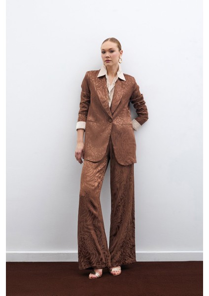 Desenli Saten Pantolon - Kahve