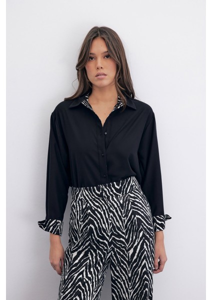 Zebra Desenli Klasik Gömlek - Siyah