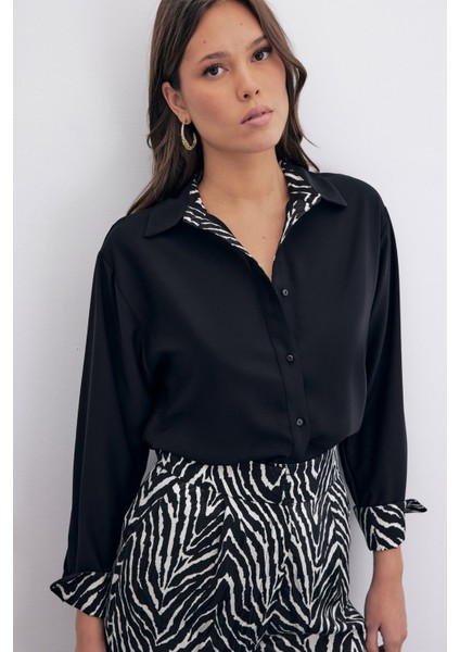 Zebra Desenli Klasik Gömlek - Siyah
