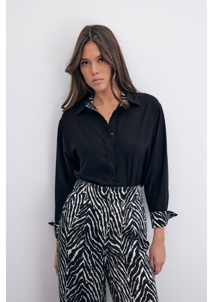 Zebra Desenli Klasik Gömlek - Siyah