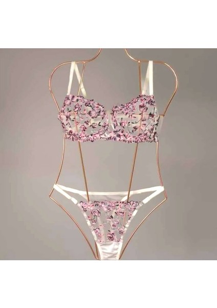 Çiçek Desenli Brode Bralet Alt Üst Takım - Güpürlü Tül Sütyen ve Külot Takım - Iç Çamaşırı Takımı Hediye
