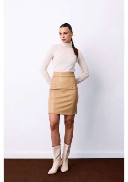 Şardonlu Deri Etek - Bej
